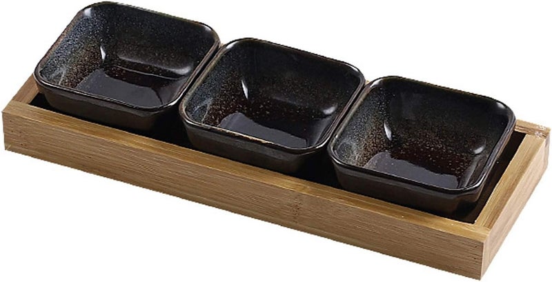 مجموعة أطباق السيراميك للغمس من 3 قطع مع صينية الخيزران لصلصة الصويا والسوشي والوجبات الخفيفة والفواكه - Image 1