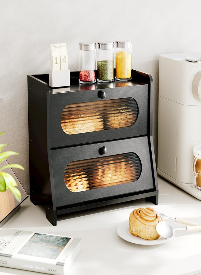 Stylstoreazy Bread Box for Kitchen Countertop,Double Layer Large Capacity Bamboo Bread Storage Container with Acrylic Wavy Door Panel for Kitchen Counter,Cabinet,Pantry(Black) - Image 5