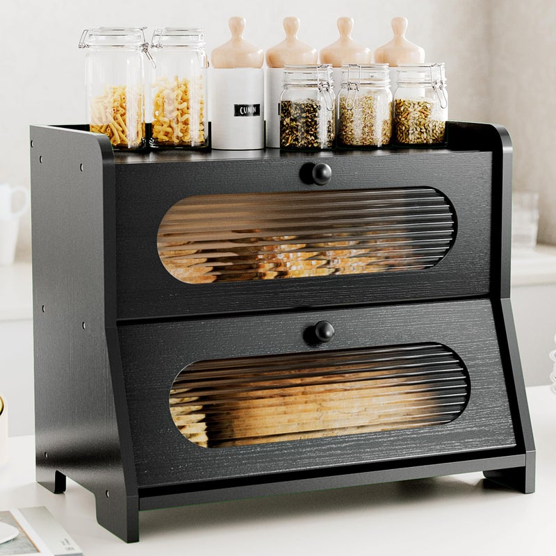 Stylstoreazy Bread Box for Kitchen Countertop,Double Layer Large Capacity Bamboo Bread Storage Container with Acrylic Wavy Door Panel for Kitchen Counter,Cabinet,Pantry(Black) - Image 1