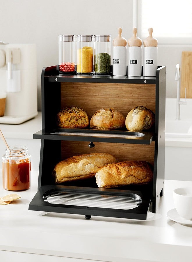 Stylstoreazy Bread Box for Kitchen Countertop,Double Layer Large Capacity Bamboo Bread Storage Container with Acrylic Wavy Door Panel for Kitchen Counter,Cabinet,Pantry(Black) - Image 2