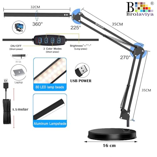 BROLAVIYA Heavy Base LED Desk Lamp Light with Metal arm Table Lamp Stand,3 Lighting Modes,360 Degree Spin for Home Office,Desktop,Bedroom,Reading, Study lamp etc - Image 4