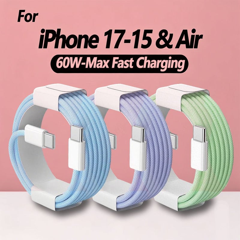 عبوتان من 3 كابلات USB-C إلى USB-C بأطوال 3.3 و6.6 و10 أقدام، شحن سريع بقدرة 60 واط، م - Image 1