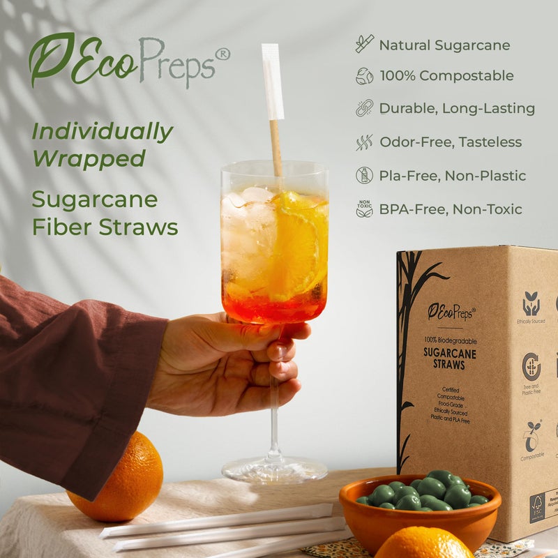EcoPreps Biodegradable Sugarcane Straws  Compostable Individually Wrapped Straws | 300 Count  100% Plastic-Free  Eco-Friendly Drinking Straw | 7.8  Sugar Fiber Disposable Straw  Packed in Paper Wrap - Image 2