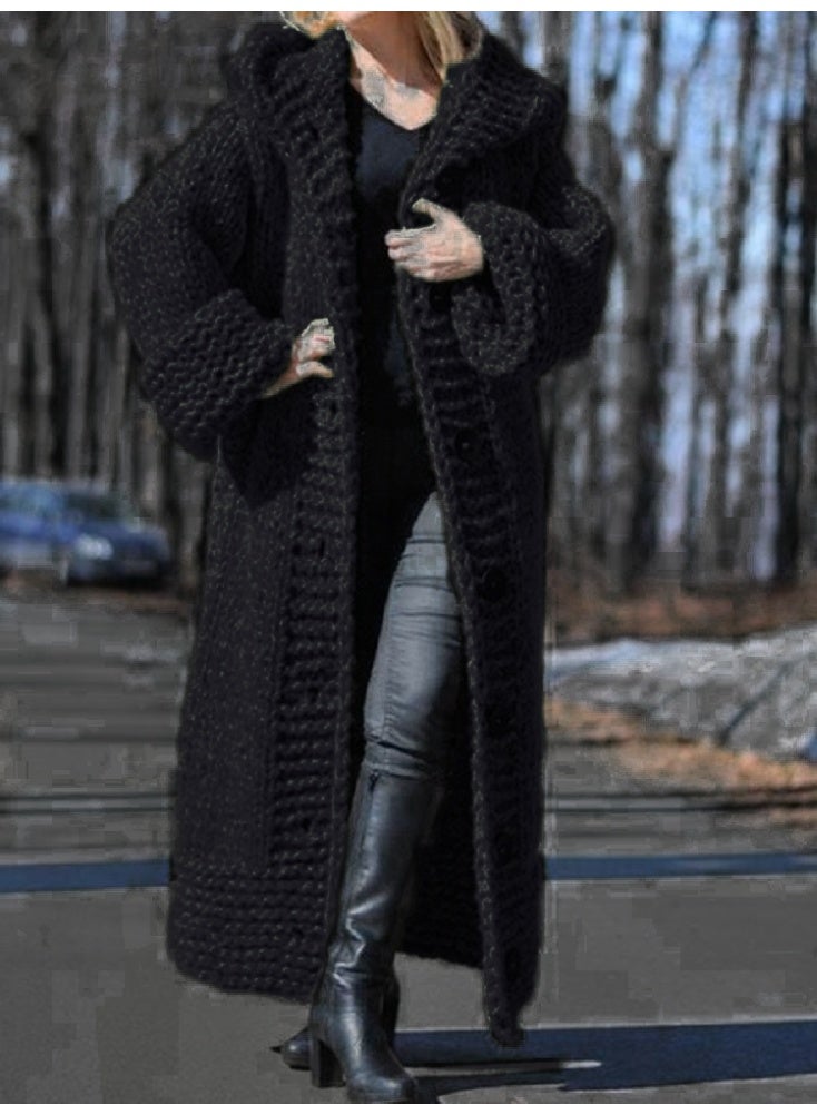 NIBEMINENT Women Hooded Knit Sweater Thick Coat Button Long Jumpers Solid Elegant Loose Coats Jumpers Casual Lady Winter - Image 1