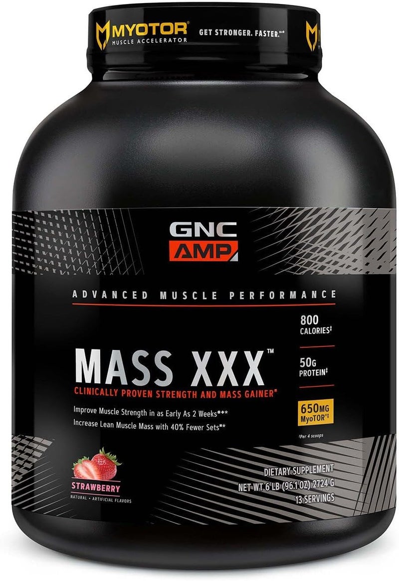 GNC مسحوق بروتين GNC AMP Mass XXX لزيادة الوزن المثبت سريرياً يعزز القوة والحجم 780 سعرة حرارية 50 جرام بروتين أحماض أمينية مجهرية كرياتين بيتائين فراولة 13 حصة 6 أرطال - Image 1