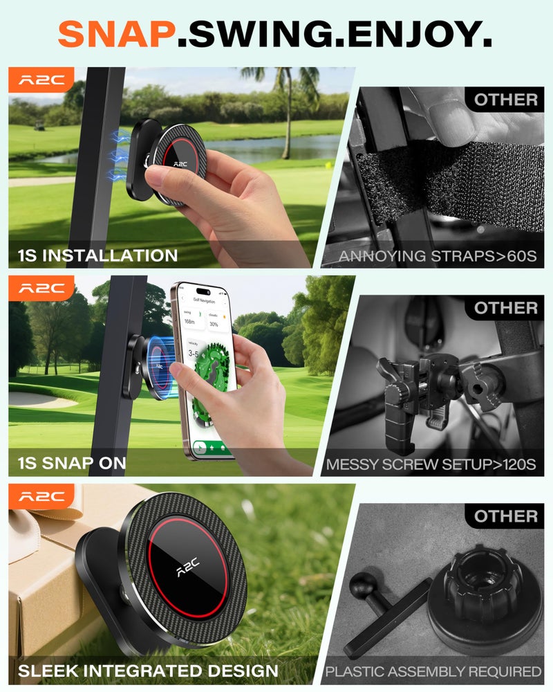 A2C Alloy Magnetic Golf Cart Phone Holder Mount Compatible with MagSafe iPhone 17 Pro Max 16 15 14 13 12 Mini Fits EZGO, Club Car, Yamaha, Icon, Golf Accessories for Men Women Essentials Gift (Black) - Image 3