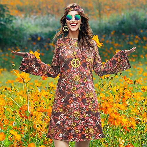 MRYUWB 70s Hippie Dress Costumes Necklace Earrings Sunglass Women Disco Outfit, 60s Party Costume, Halloween Retro Dresses (Brown, L) - Image 5