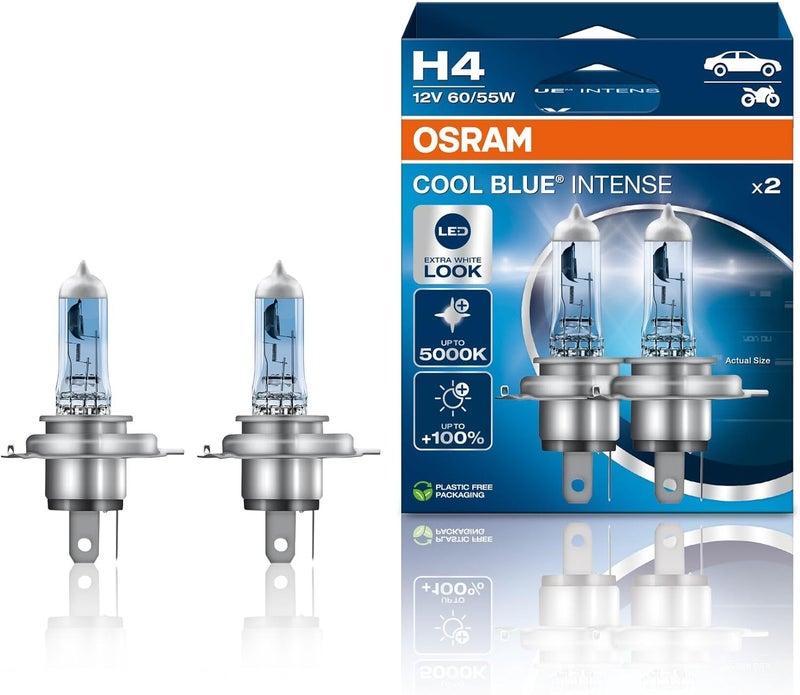 أوسرام OSRAM Cool Blue® Intense H4، سطوع أكثر بنسبة 100%، حتى 5,000 K، مصباح أمامي هالوجين، مظهر LED، صندوق معلق (مصباحان) - Image 1