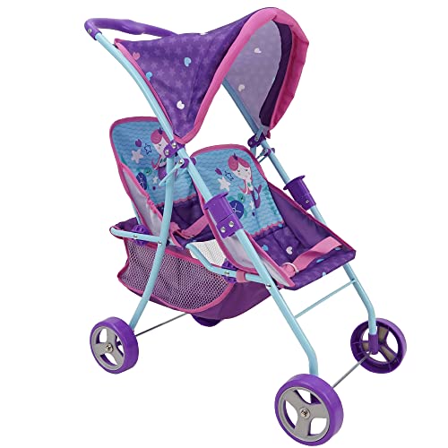 509 Crew Mermaid Twin Doll Stroller  Kids Pretend Play Retractable Canopy Easy to Fold for Storage  Travel 2 Seats Fits Dolls up to 18 Ages 3 - Image 1
