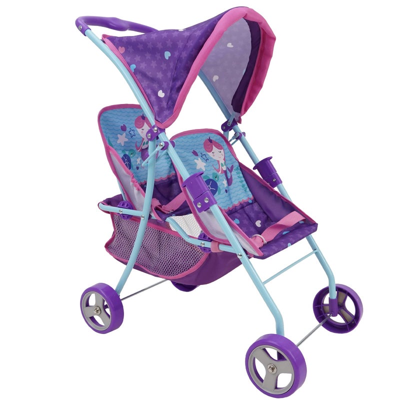 509 Crew Mermaid Twin Doll Stroller  Kids Pretend Play Retractable Canopy Easy to Fold for Storage  Travel 2 Seats Fits Dolls up to 18 Ages 3 - Image 2