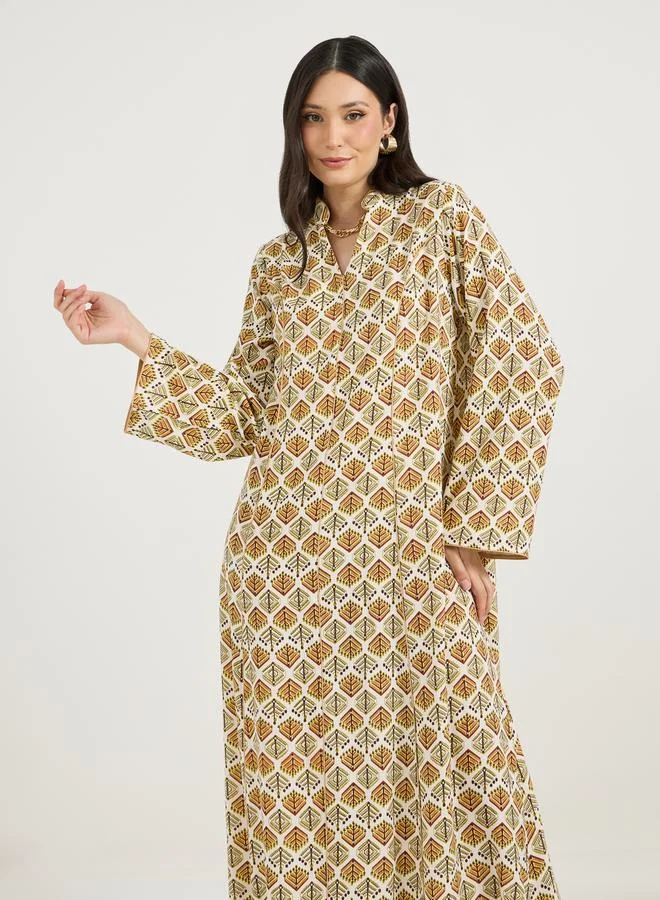 Styli All-Over Print Collared Jalabiya with Contrast Piping Detail