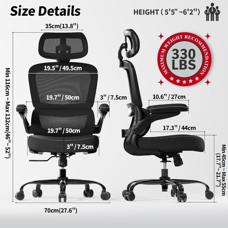 TRALT Ergonomic Office Chair - Desk Chair with Mesh PU Leather Gaming Chair - Computer Chair Comfy Adjustable Lumbar Support Executive Office Chair High Back for Adults Home Office (Black) - Image 2