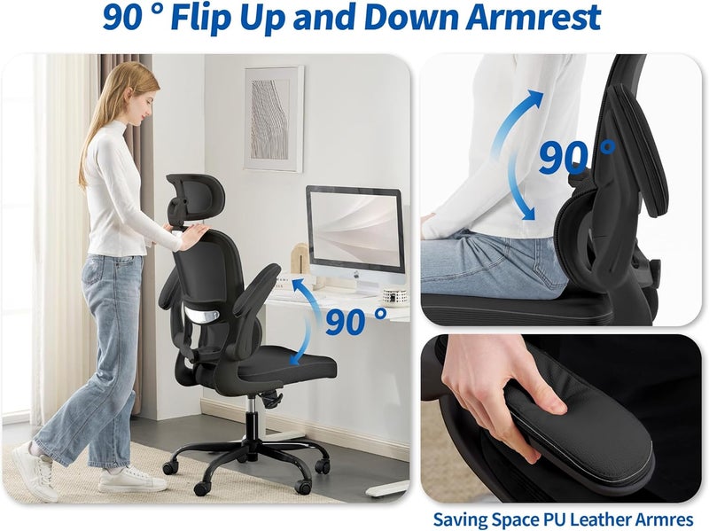 TRALT Ergonomic Office Chair - Desk Chair with Mesh PU Leather Gaming Chair - Computer Chair Comfy Adjustable Lumbar Support Executive Office Chair High Back for Adults Home Office (Black) - Image 5