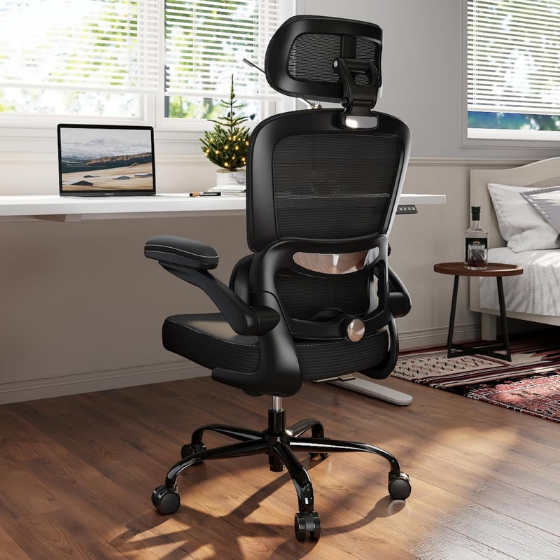 TRALT Ergonomic Office Chair - Desk Chair with Mesh PU Leather Gaming Chair - Computer Chair Comfy Adjustable Lumbar Support Executive Office Chair High Back for Adults Home Office (Black) - Image 1