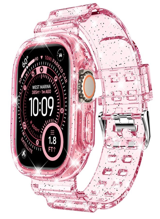 DABAOZA Compatible for Clear Apple Watch Band with Bumper Case 46mm, Women Men Glitter Bling TPU Sport Strap for iWatch SE Ultra 3 2 Series 11 10 9 8 7 6 5 4 3 2 1（GlitterPink,46） - Image 1
