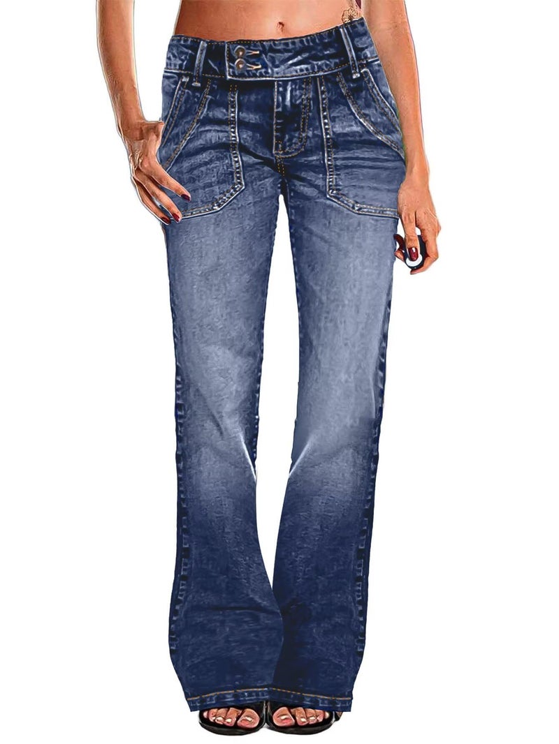 Flamingals Wide Leg Jeans for Women Low Rise Baggy Stretchy Straight Leg Bootcut Denim Pants Dark Blue XL - Image 1