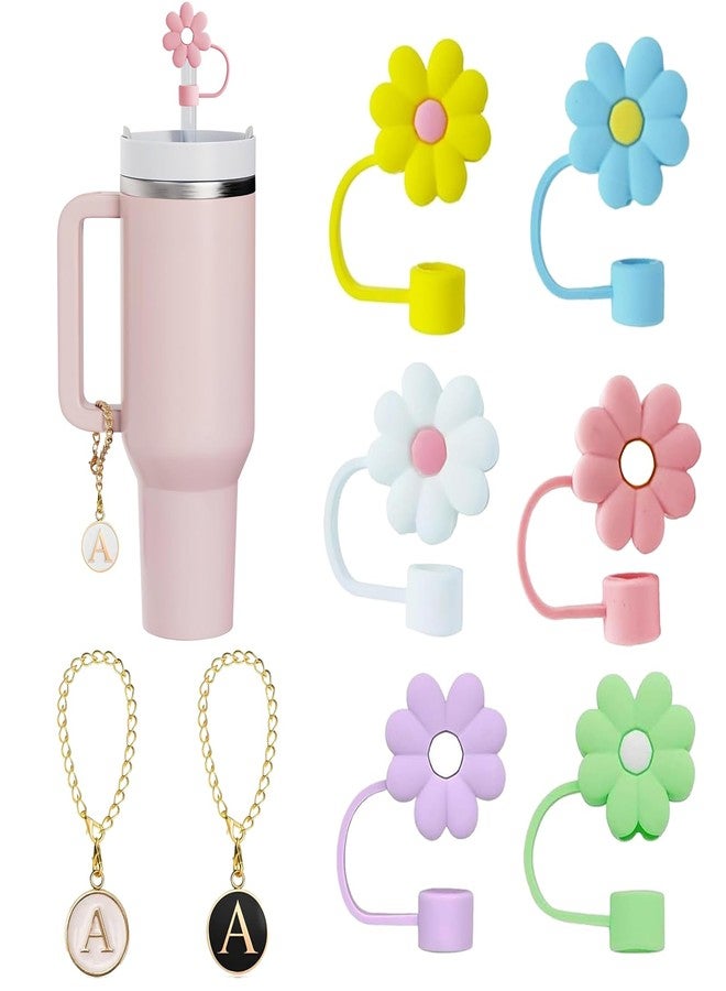 ACEGENIU 8 Pcs Straw Cover for Stanley Cup,6 Flower Straw Topper，2 Initial Letter Charm Accessories for Stanley 30&40 Oz - Image 1