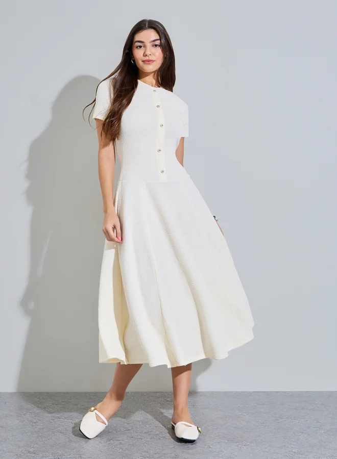 Styli Cream Plain Short Sleeves A-Line Midi Dress