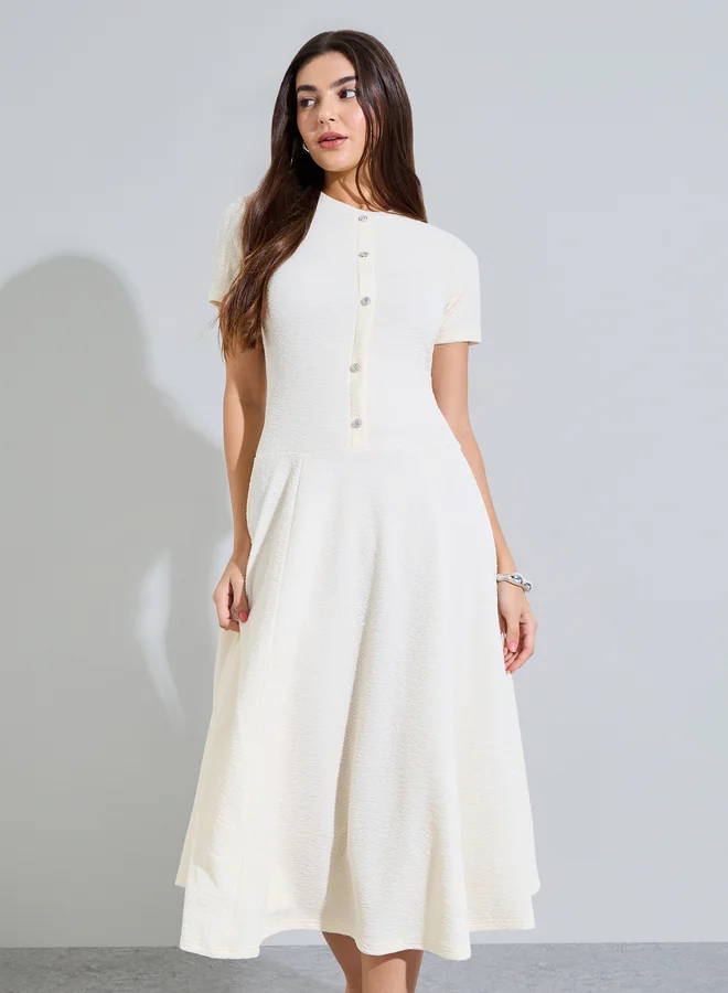 Styli Cream Plain Short Sleeves A-Line Midi Dress