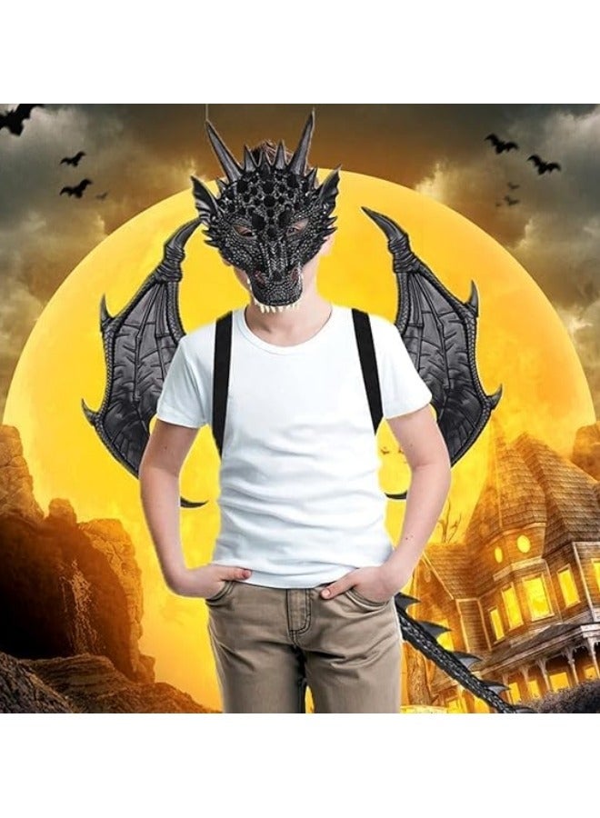 CCOVERY Dragon Costume Wing Dinosaur Tail Mask Dragon Cosplay Dinosaur Costume Set for Kids Children, Black - Image 3