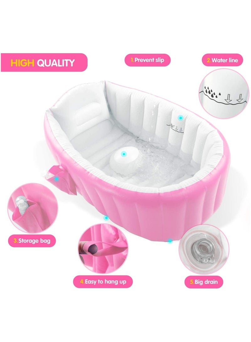 Baby Inflatable Bathtub Portable Infant Toddler Bathing Tub Non Slip Travel Bathtub Mini Air Swimming Pool Kids Thick Foldable Shower Basin (Pink Inflatable Bathtub) - Image 3
