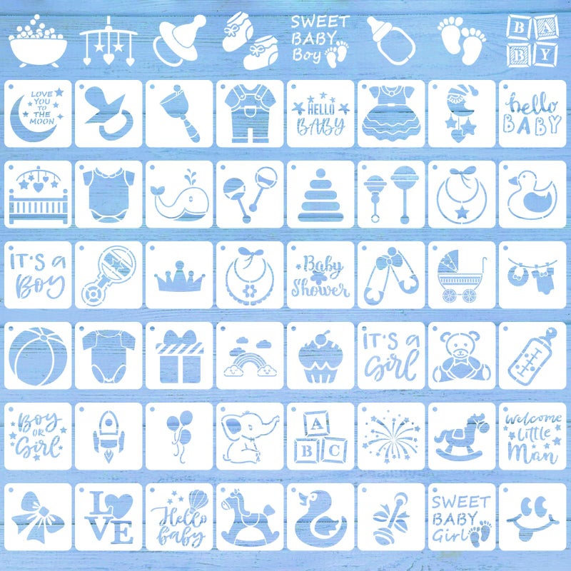 Augshy 56 Pieces Baby Shower Stencils for Painting 3 Inch Cute Onesie Stencil Mixed Animals Pattern Painting Stencils Reusable Baby Shower Cake for Bodysuit Shoes Bibs Clothes