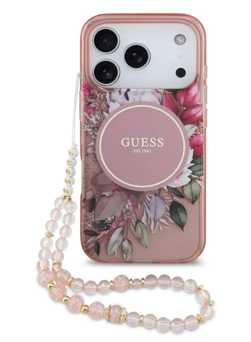 GUESS iPhone 17 Pro MagSafe Case / MagSafe IML Case With Flowers Pattern & Lanyard - Black - Image 1