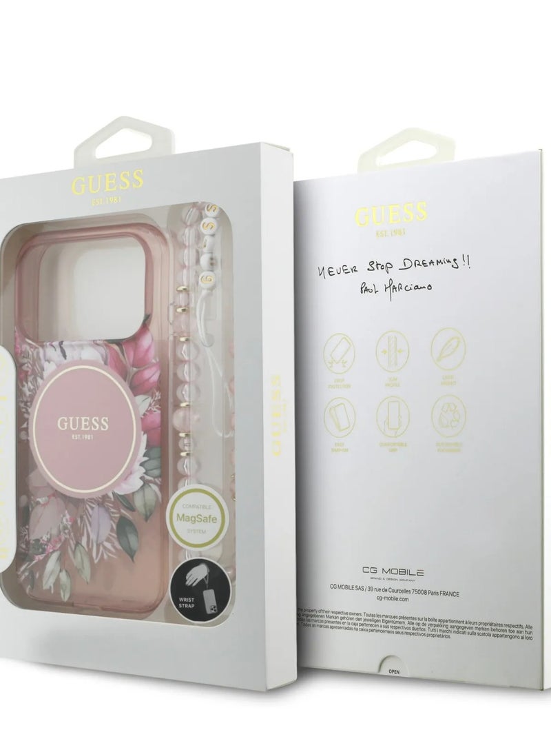 GUESS iPhone 17 Pro MagSafe Case / MagSafe IML Case With Flowers Pattern & Lanyard - Black - Image 5