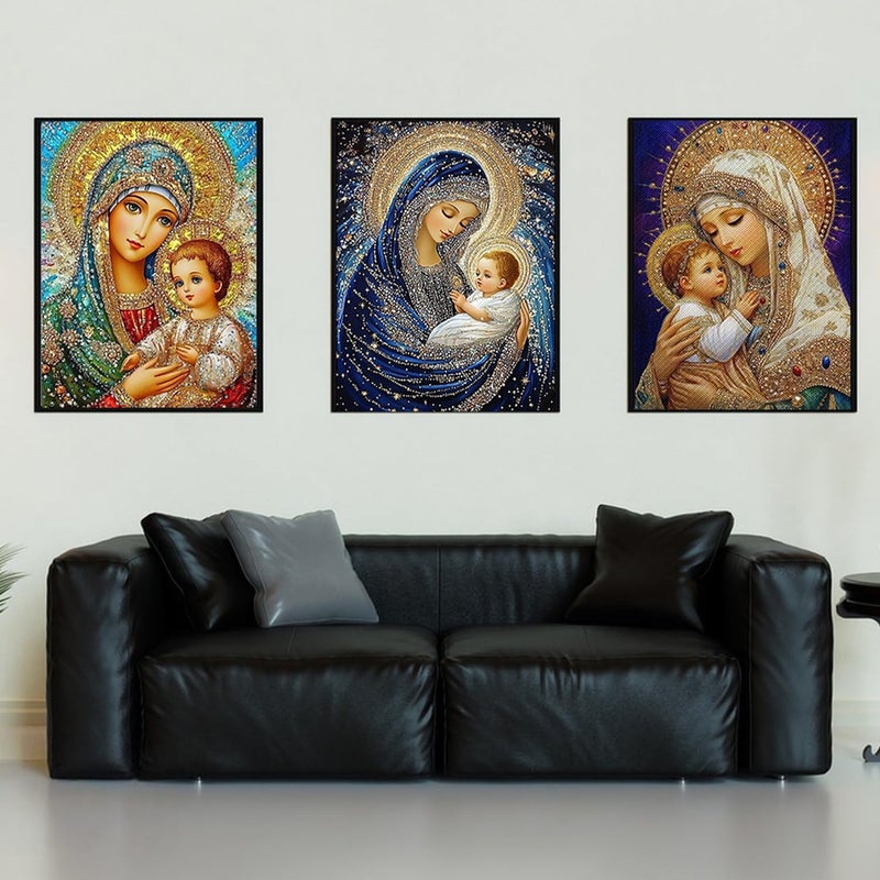CHWGLFGG 5D Diamond Art Kits for Adults Beginners, 3 Pack Virgin Mary Diamond Painting Kits, DIY Full Round Drill Paint by Diamonds Dot Gem Art for Adults, Home Wall Decor 12x 16 Inch - Image 3