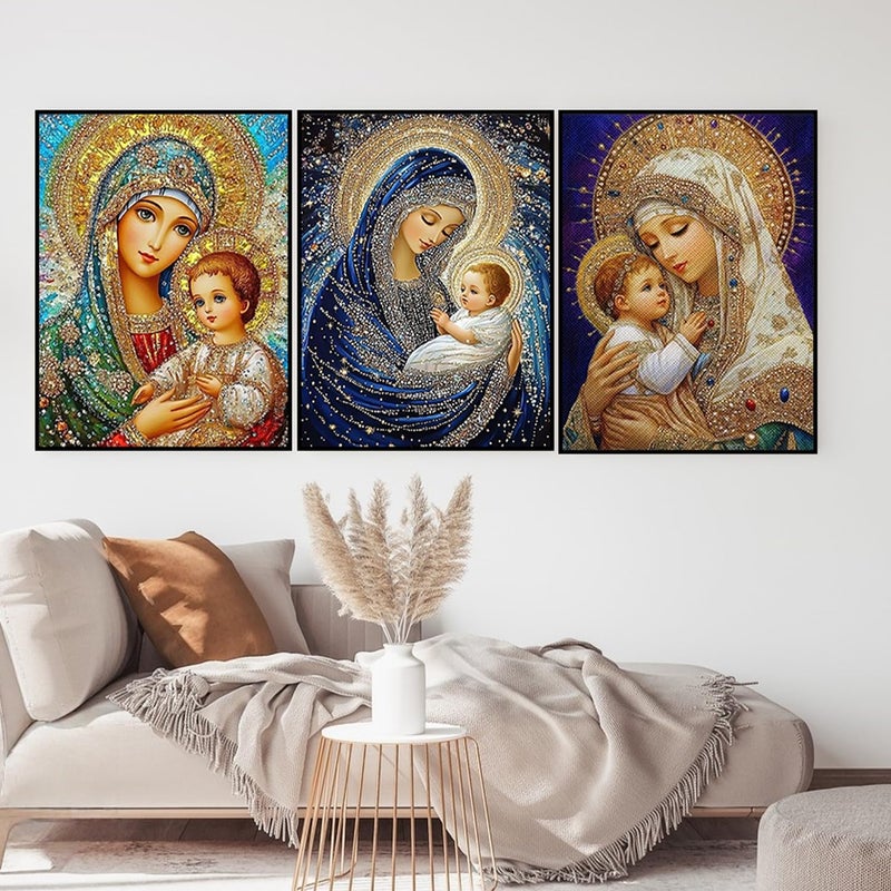 CHWGLFGG 5D Diamond Art Kits for Adults Beginners, 3 Pack Virgin Mary Diamond Painting Kits, DIY Full Round Drill Paint by Diamonds Dot Gem Art for Adults, Home Wall Decor 12x 16 Inch - Image 4
