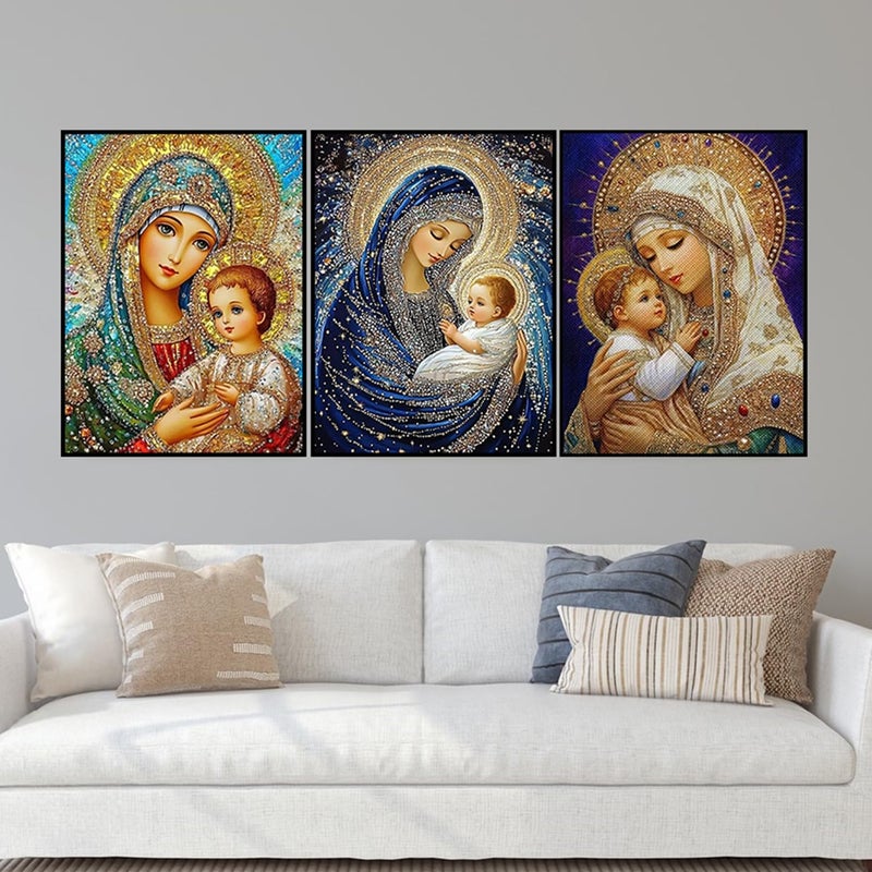 CHWGLFGG 5D Diamond Art Kits for Adults Beginners, 3 Pack Virgin Mary Diamond Painting Kits, DIY Full Round Drill Paint by Diamonds Dot Gem Art for Adults, Home Wall Decor 12x 16 Inch - Image 2