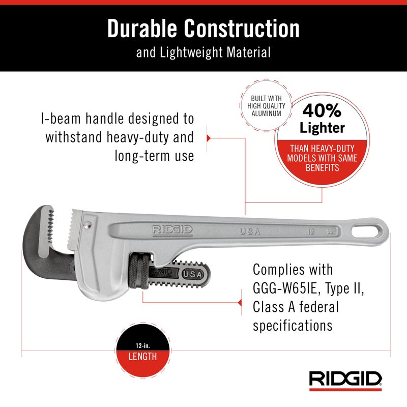 Ridgid 47057 Model 812 Aluminum Straight Pipe Wrench, 12-inch Plumbing Wrench, Silver, Small - Image 5