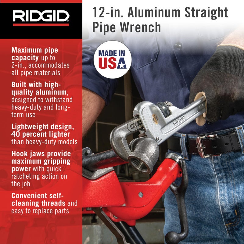 Ridgid 47057 Model 812 Aluminum Straight Pipe Wrench, 12-inch Plumbing Wrench, Silver, Small - Image 3
