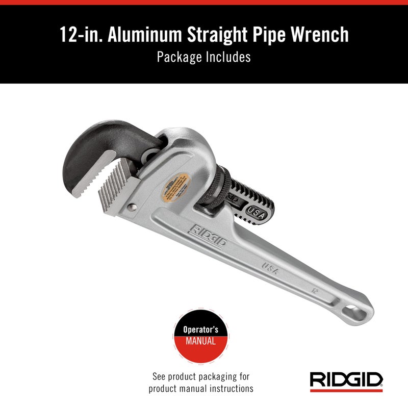 Ridgid 47057 Model 812 Aluminum Straight Pipe Wrench, 12-inch Plumbing Wrench, Silver, Small - Image 2