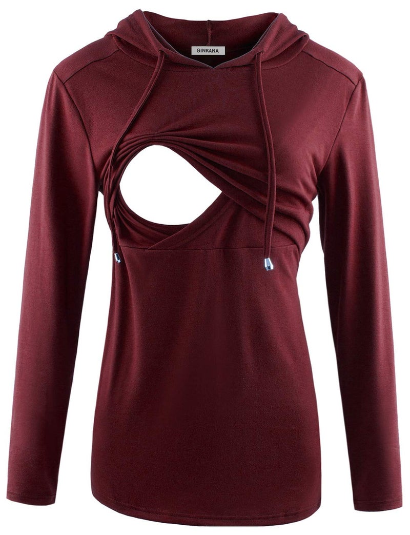 GINKANA Women's Nursing Hoodie Sweatshirt Long Sleeves Breastfeeding Maternity Tops Casual Clothes,S Burgundy Red - Image 1