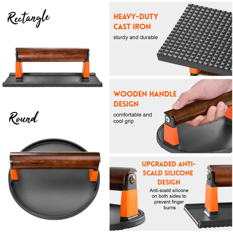 GGC طقم ضغط البرجر من GGC من الحديد الزهر، 7" دائري و8"x4" مستطيل، مجموعة ضغط البرجر للشي والطهي على المقلاة، 2 قطعة ضغط لحم بمقبض خشبي للبيكون، البرجر، البيض، السندويشات - Image 2