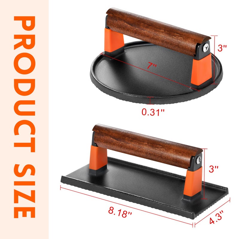 GGC طقم ضغط البرجر من GGC من الحديد الزهر، 7" دائري و8"x4" مستطيل، مجموعة ضغط البرجر للشي والطهي على المقلاة، 2 قطعة ضغط لحم بمقبض خشبي للبيكون، البرجر، البيض، السندويشات - Image 3