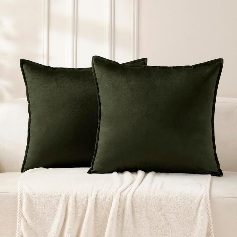 VAKADO Throw Pillow Covers 18x18 Set of 2 Olive Green Velvet Decor Decorative Couch Cushion Euro Xmas Pillowcases with Fringe Home Bed Decoration for Sofa Bedroom Office - Image 1