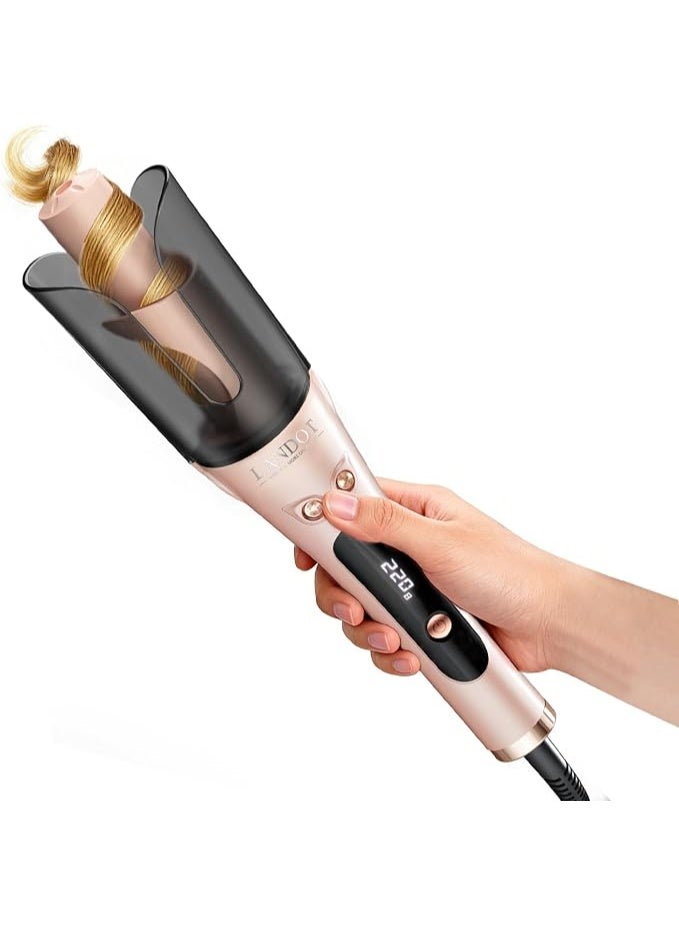LANDOT Automatic Rotating Hair Curler, Curling Wand with Anti-Scald Guard & One-Button Operation for Tangle-Free Curls, Dual Voltage & Fast Heating for Salon Curls at Home - Rose Gold - Image 1