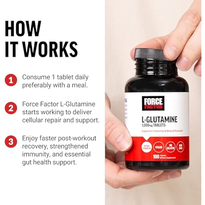 Force Factor L-Glutamine 1000mg Tablets, Glutamine for Muscle Recovery, Healthy Muscle Function, and Immunity, Vegan, Non-GMO, 100 Tablets - Image 4