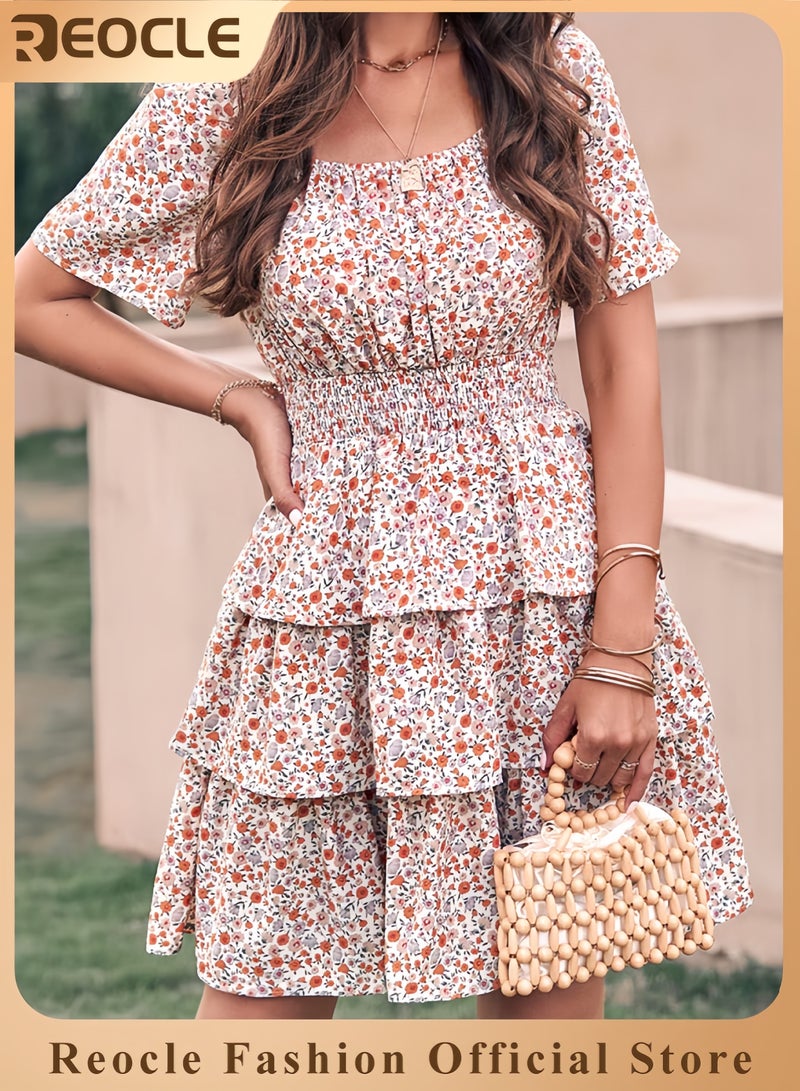 REOCLE Women's Floral Summer Short Dress Square Neck Short Sleeve Tiered Ruffle Boho Swing Dresses - Image 1