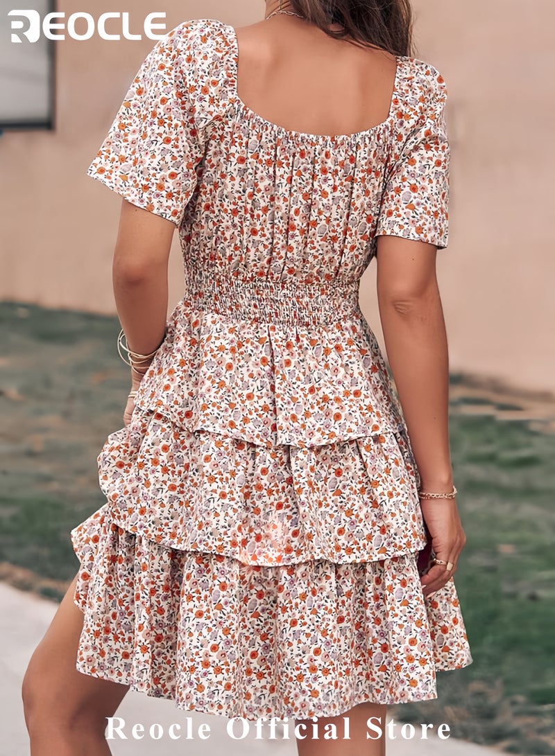 REOCLE Women's Floral Summer Short Dress Square Neck Short Sleeve Tiered Ruffle Boho Swing Dresses - Image 5