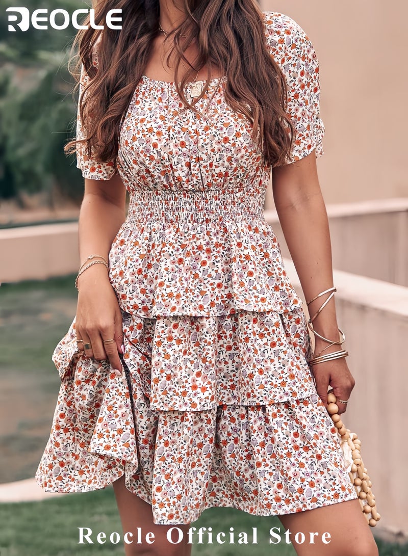 REOCLE Women's Floral Summer Short Dress Square Neck Short Sleeve Tiered Ruffle Boho Swing Dresses - Image 3