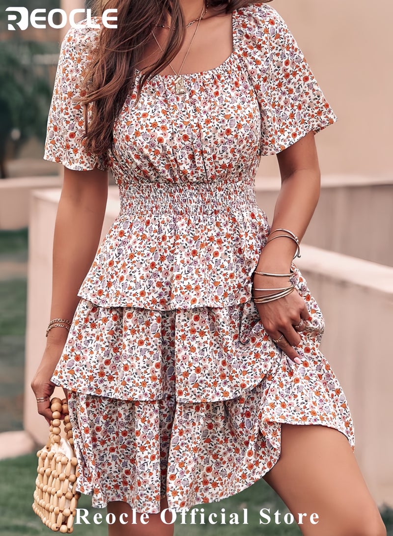 REOCLE Women's Floral Summer Short Dress Square Neck Short Sleeve Tiered Ruffle Boho Swing Dresses - Image 4