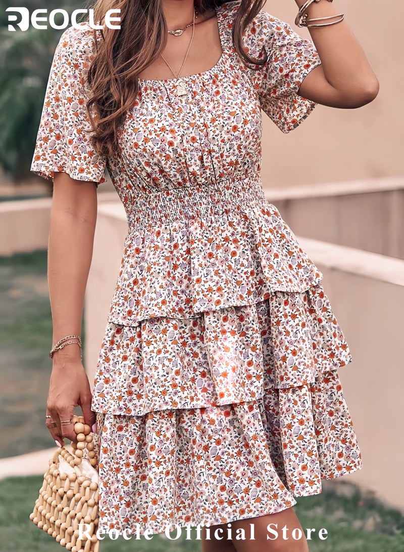 REOCLE Women's Floral Summer Short Dress Square Neck Short Sleeve Tiered Ruffle Boho Swing Dresses - Image 2