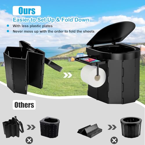 PAHTTO Portable Foldable Toilet for Adults with Detachable Phone Shelf and Paper Holder, Waterproof Porta Potty with Lid for Camping, Hiking, Long Road Trips, Car, Black - Image 3
