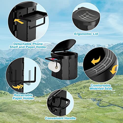 PAHTTO Portable Foldable Toilet for Adults with Detachable Phone Shelf and Paper Holder, Waterproof Porta Potty with Lid for Camping, Hiking, Long Road Trips, Car, Black - Image 2