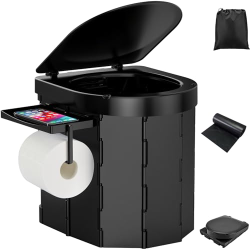 PAHTTO Portable Foldable Toilet for Adults with Detachable Phone Shelf and Paper Holder, Waterproof Porta Potty with Lid for Camping, Hiking, Long Road Trips, Car, Black - Image 1