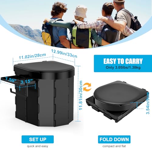 PAHTTO Portable Foldable Toilet for Adults with Detachable Phone Shelf and Paper Holder, Waterproof Porta Potty with Lid for Camping, Hiking, Long Road Trips, Car, Black - Image 5