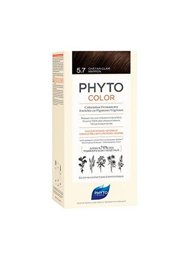 Phyto لون شعر دائم 5.7 بني كستنائي فاتح مع أصباغ نباتية، تغطية شعر رمادي 100%، خالية من الأمونيا، خالية من مادة Ppd، خالية من الموارد، 0.42 أونصة.  - Image 1
